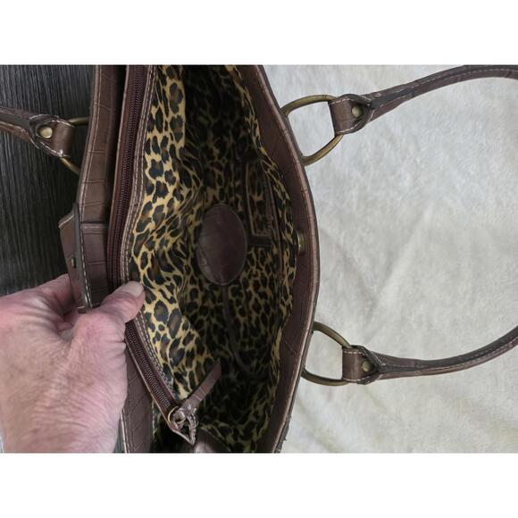 Nine West Brown Croc Embossed Studded Satchel | Leopard Lining - Picture 5 of 5